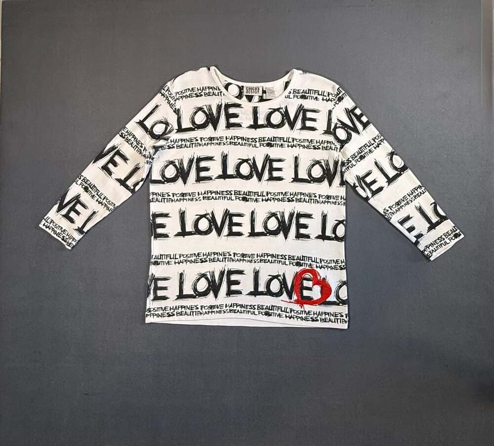 Chico'S Design Love Print Top Size 1 White Black Red Long Sleeve
